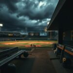 Flick International Empty Pittsburgh Pirates dugout with worn benches and scattered equipment under stadium lights