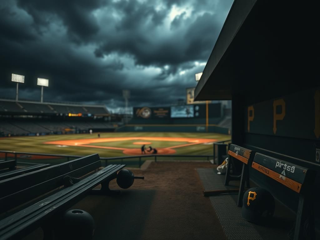 Flick International Empty Pittsburgh Pirates dugout with worn benches and scattered equipment under stadium lights