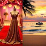 Flick International Split-screen image of a glamorous red carpet event and a serene beach vacation