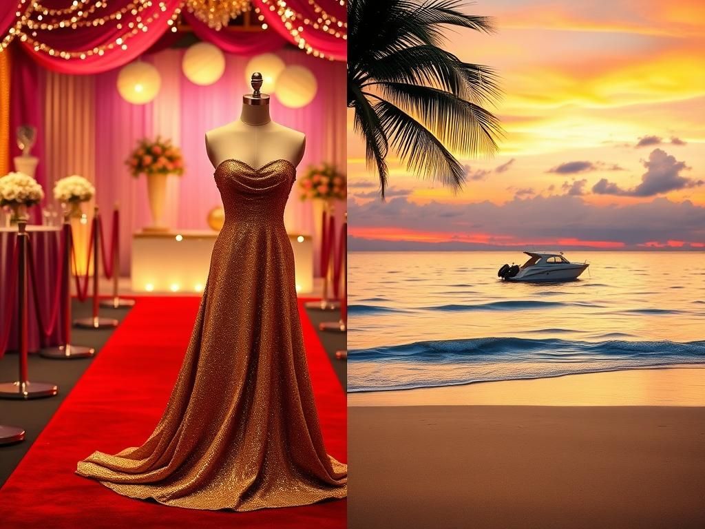 Flick International Split-screen image of a glamorous red carpet event and a serene beach vacation