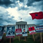 Flick International Dramatic landscape of Albania's parliament building under stormy skies