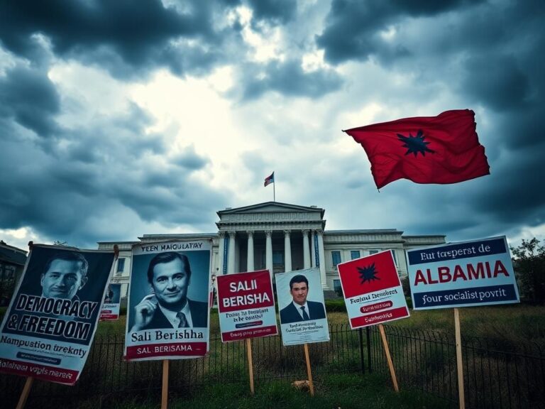 Flick International Dramatic landscape of Albania's parliament building under stormy skies