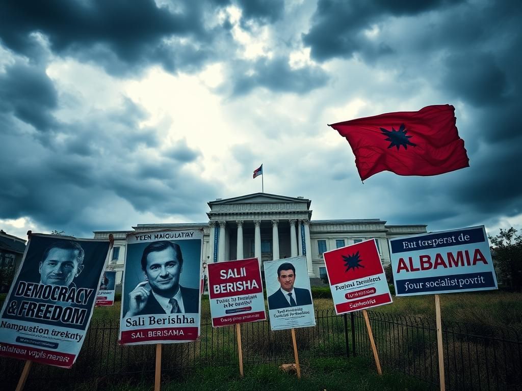 Flick International Dramatic landscape of Albania's parliament building under stormy skies