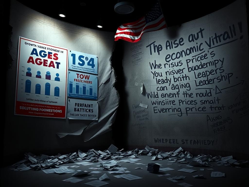Flick International Visual representation of a crumbling wall with contrasting political messages on age and economy