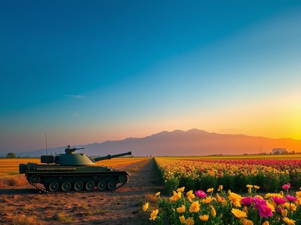 Flick International A dramatic landscape illustrating the contrasting themes of tension and peace between India and Pakistan.