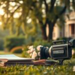 Flick International Vintage movie camera with film scripts in a lush park setting