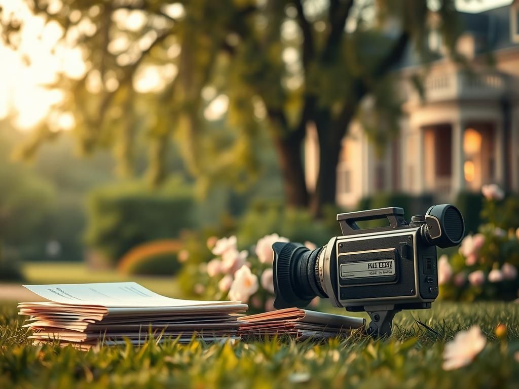 Flick International Vintage movie camera with film scripts in a lush park setting