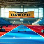 Flick International Vibrant indoor track with empty lanes and a banner reading 'Fair Play for All'