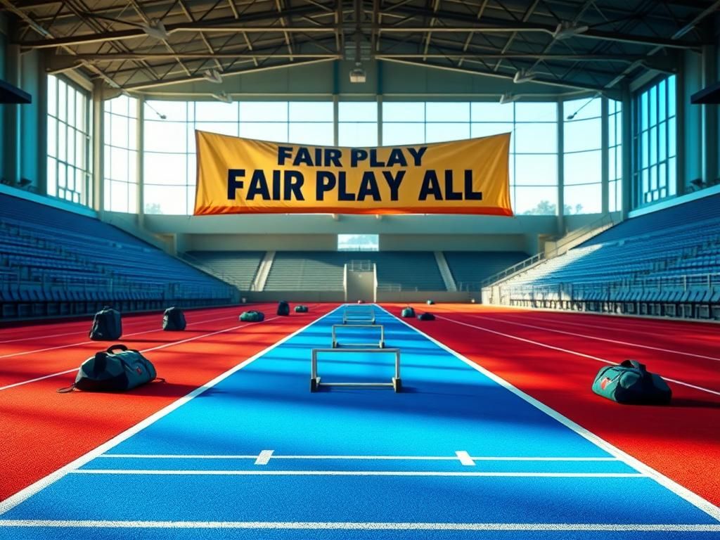 Flick International Vibrant indoor track with empty lanes and a banner reading 'Fair Play for All'