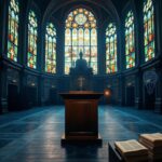 Flick International Dimly lit interior of the New Synod Hall with empty lectern and stained glass windows