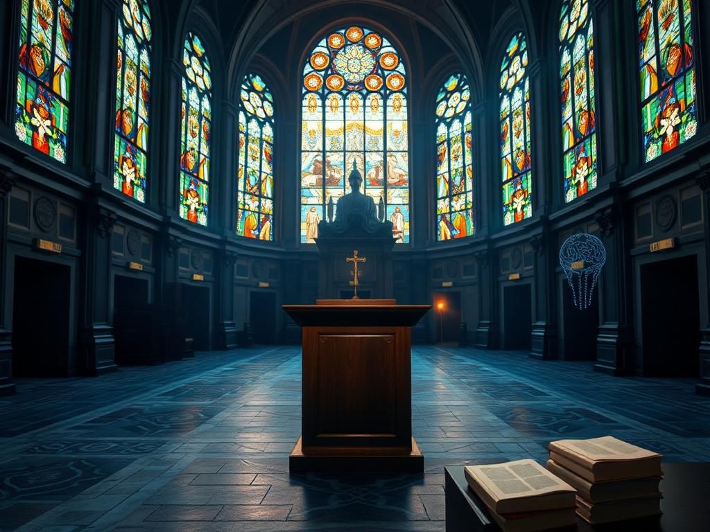 Flick International Dimly lit interior of the New Synod Hall with empty lectern and stained glass windows