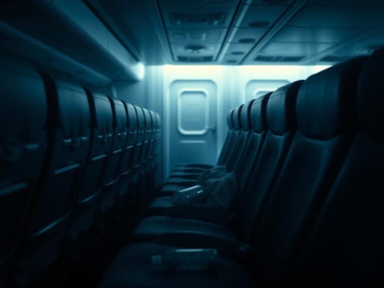 Flick International Dimly lit airplane interior with an empty row of seats and a slightly askew middle seat.