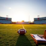 Flick International Empty football field at rookie minicamp with Cleveland Browns branding on goalposts