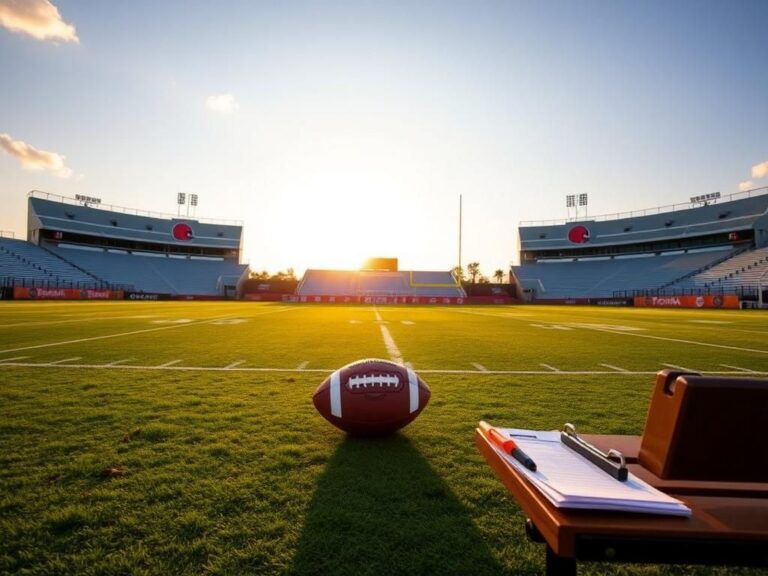 Flick International Empty football field at rookie minicamp with Cleveland Browns branding on goalposts
