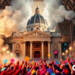 Flick International Artistic representation of the Sistine Chapel with vibrant frescoes and white smoke symbolizing pope election