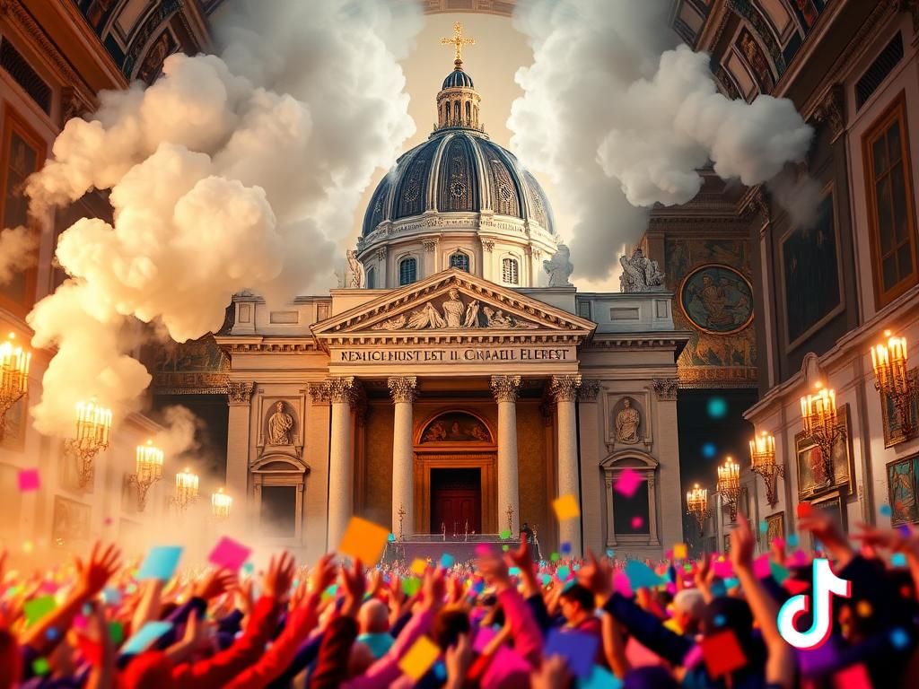 Flick International Artistic representation of the Sistine Chapel with vibrant frescoes and white smoke symbolizing pope election