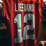 Flick International Close-up of a Cleveland Browns football jersey with number 12 in locker room