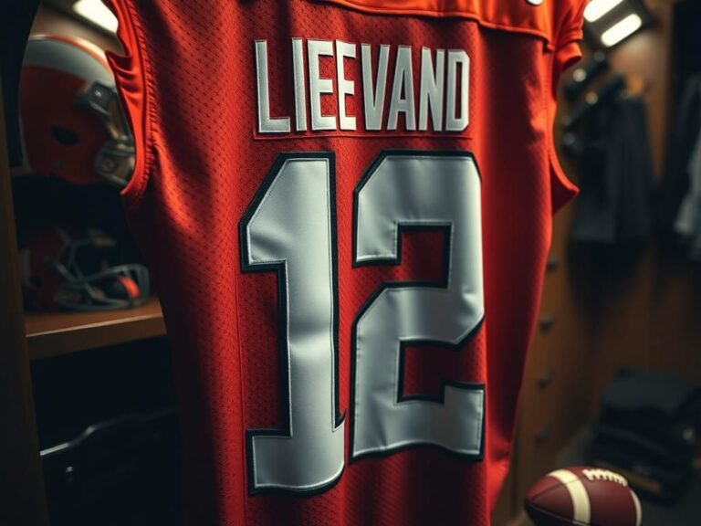 Flick International Close-up of a Cleveland Browns football jersey with number 12 in locker room