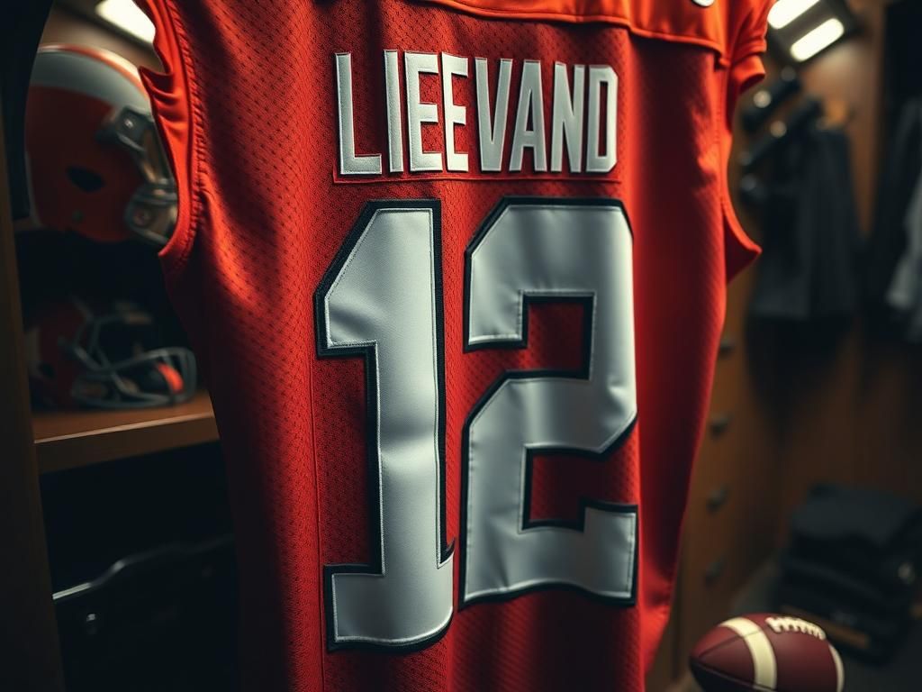 Flick International Close-up of a Cleveland Browns football jersey with number 12 in locker room
