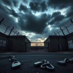 Flick International Exterior view of Delaney Hall Detention Center during twilight with high-security features