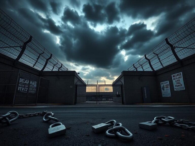 Flick International Exterior view of Delaney Hall Detention Center during twilight with high-security features