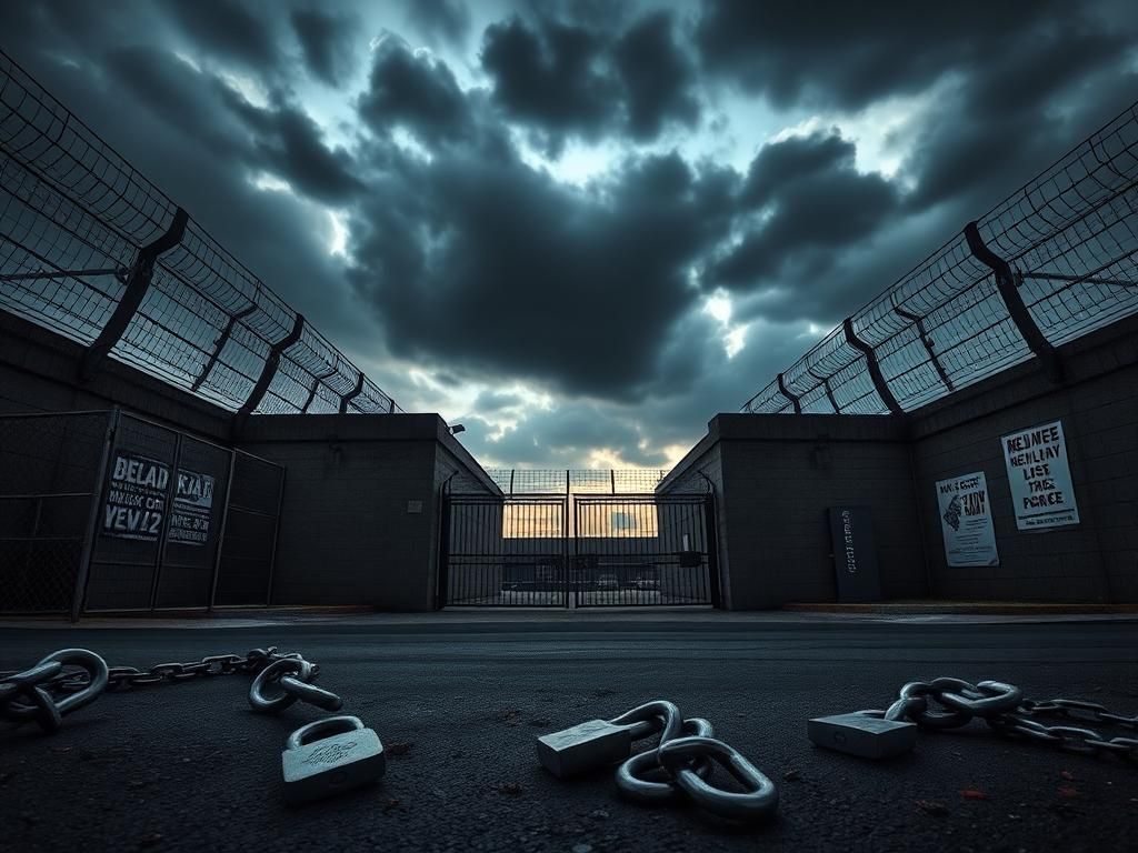 Flick International Exterior view of Delaney Hall Detention Center during twilight with high-security features