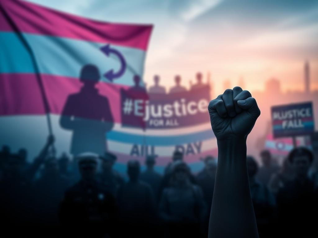 Flick International A powerful representation of the connection between civil rights and transgender rights, featuring a raised fist and symbols of the transgender pride flag.