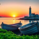 Flick International Coastal scene of Maine with fishing boats and a lighthouse at sunset