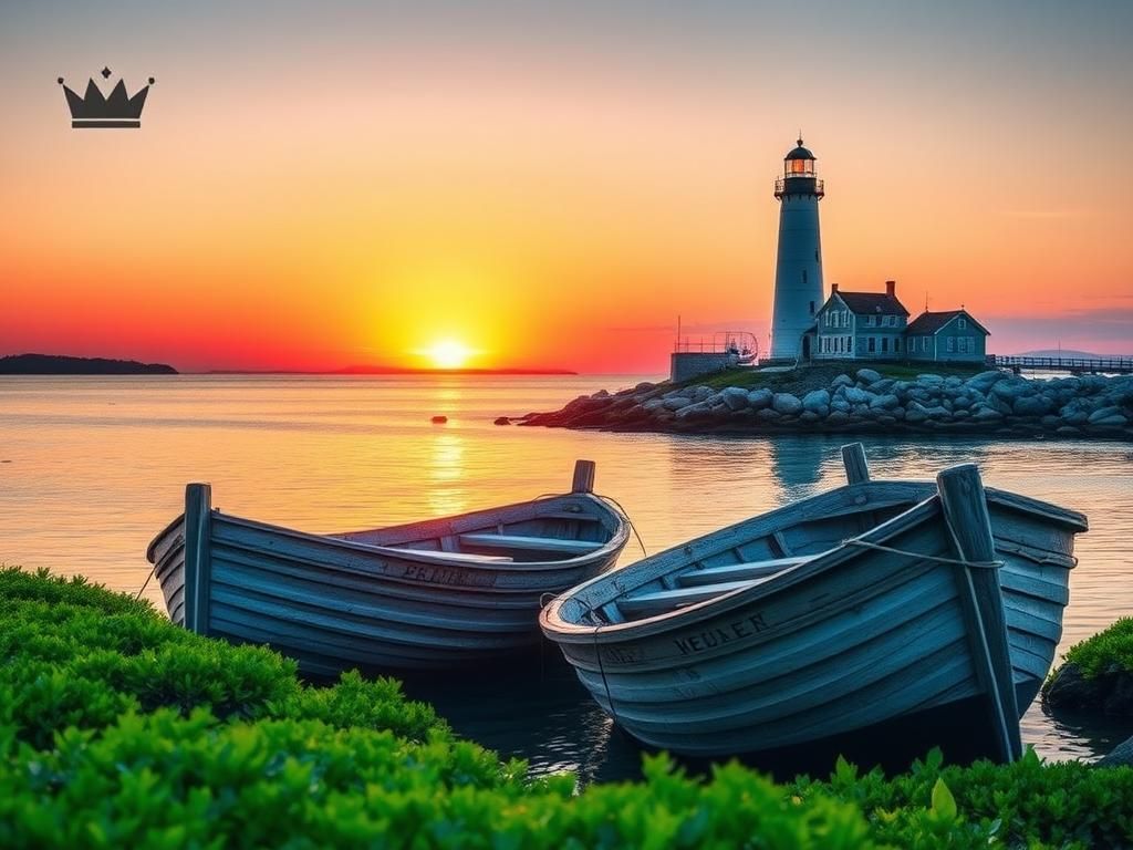 Flick International Coastal scene of Maine with fishing boats and a lighthouse at sunset