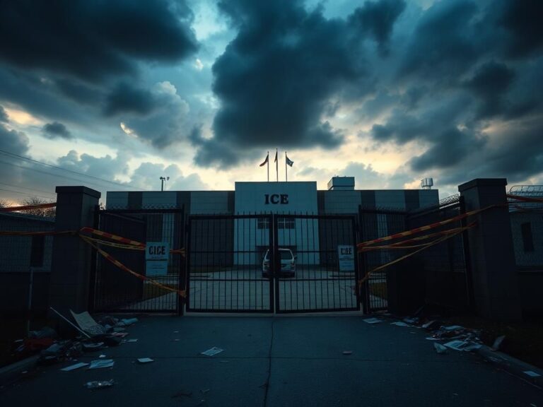 Flick International Exterior view of an Immigration and Customs Enforcement (ICE) facility under stormy skies