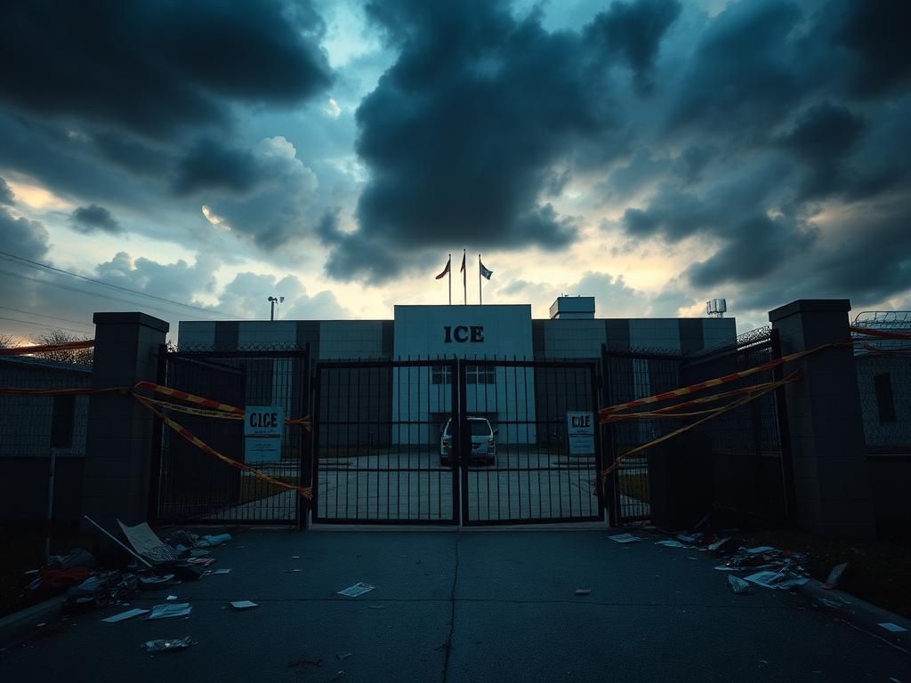 Flick International Exterior view of an Immigration and Customs Enforcement (ICE) facility under stormy skies