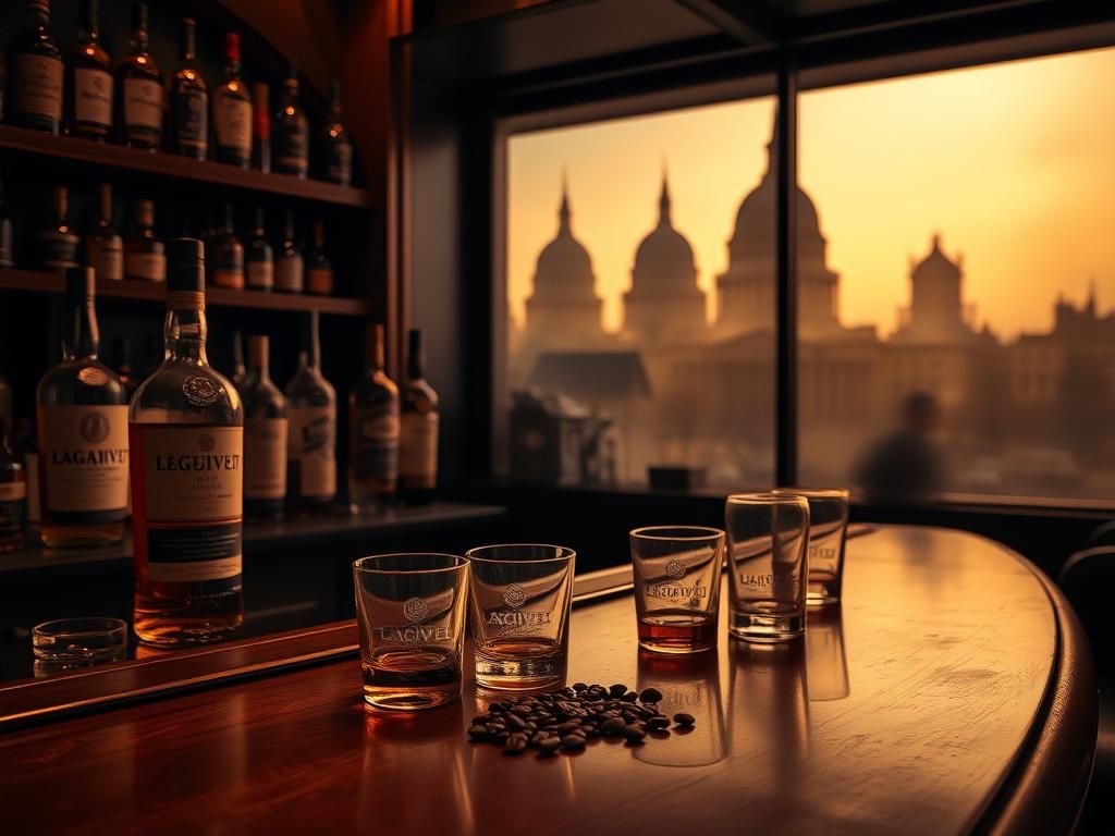 Flick International A dimly lit, sophisticated bar with whiskey bottles and coffee beans depicting a contrast between alcohol and coffee.