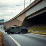 Flick International Damaged military Humvee and trailer rests on a street after crashing over a highway retaining wall