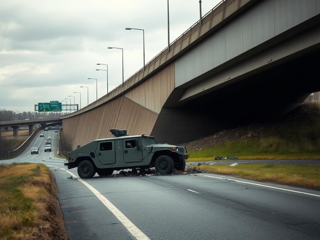 Flick International Damaged military Humvee and trailer rests on a street after crashing over a highway retaining wall