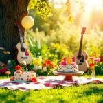 Flick International Serene family scene in a sunlit garden with a picnic table and birthday cake