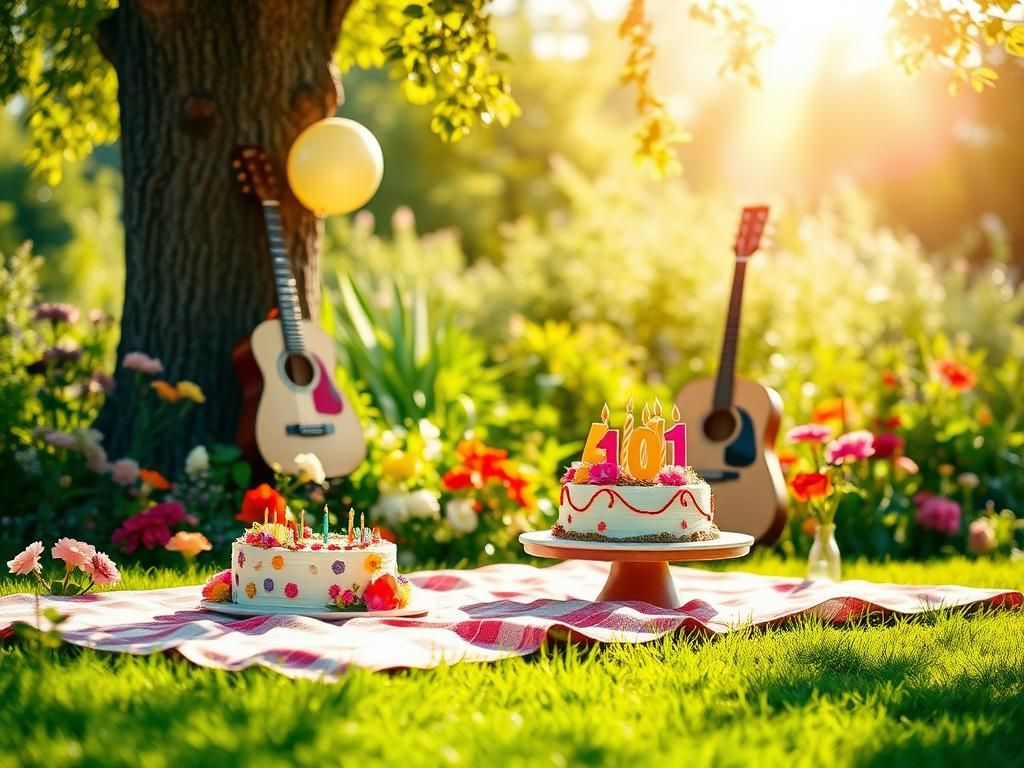 Flick International Serene family scene in a sunlit garden with a picnic table and birthday cake