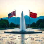 Flick International Jet d'Eau fountain in Geneva with American and Chinese flags symbolizing trade negotiations
