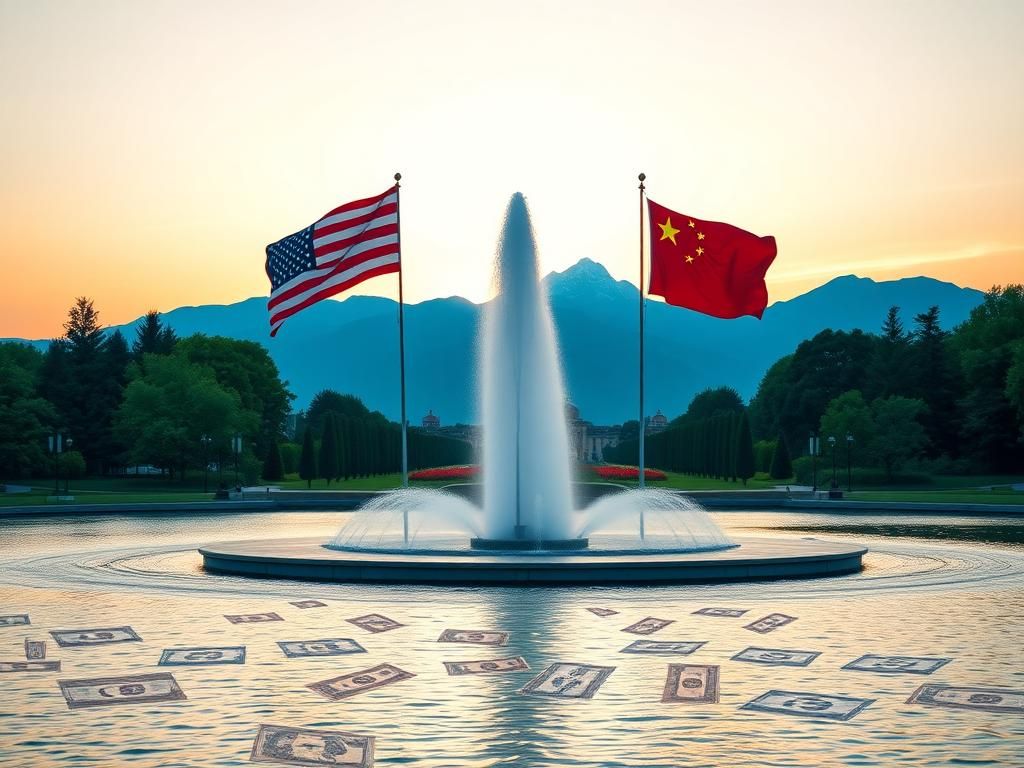 Flick International Jet d'Eau fountain in Geneva with American and Chinese flags symbolizing trade negotiations
