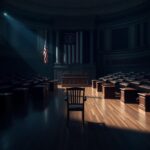 Flick International A dimly lit Senate chamber with empty desks symbolizing political division