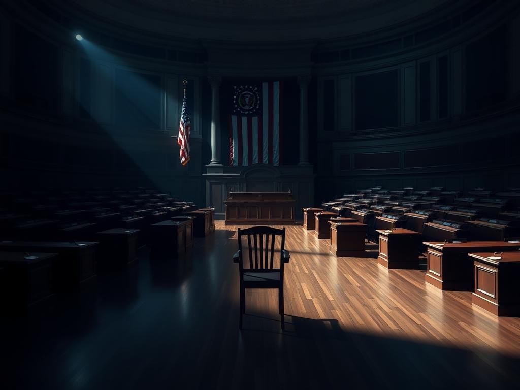Flick International A dimly lit Senate chamber with empty desks symbolizing political division