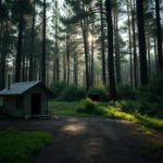 Flick International A serene Florida landscape with a bear in the background and signs of disturbance near a small home