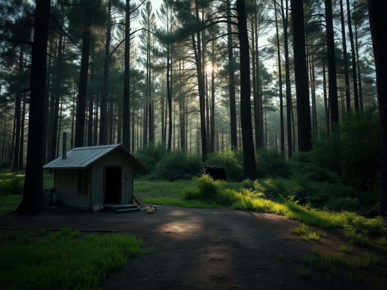 Flick International A serene Florida landscape with a bear in the background and signs of disturbance near a small home