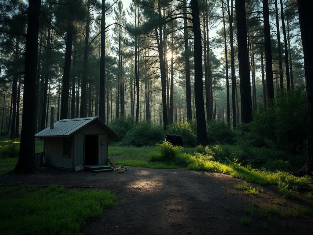 Flick International A serene Florida landscape with a bear in the background and signs of disturbance near a small home