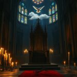 Flick International A dramatic scene of an ancient cathedral interior featuring a wooden throne and stained glass windows