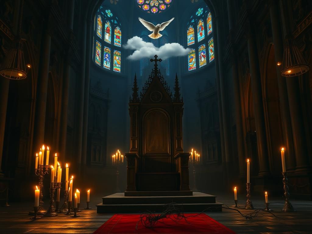 Flick International A dramatic scene of an ancient cathedral interior featuring a wooden throne and stained glass windows