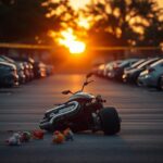 Flick International Fallen motorcycle in a Dallas parking lot scene after tragic crash
