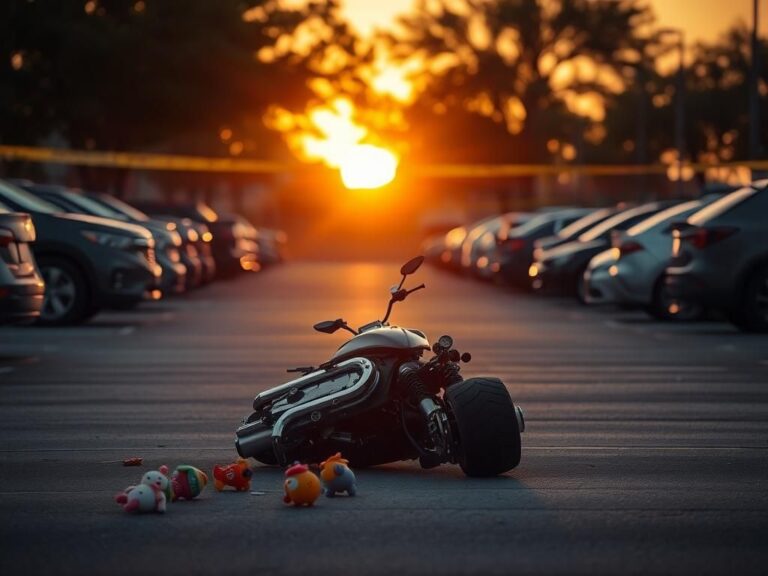 Flick International Fallen motorcycle in a Dallas parking lot scene after tragic crash