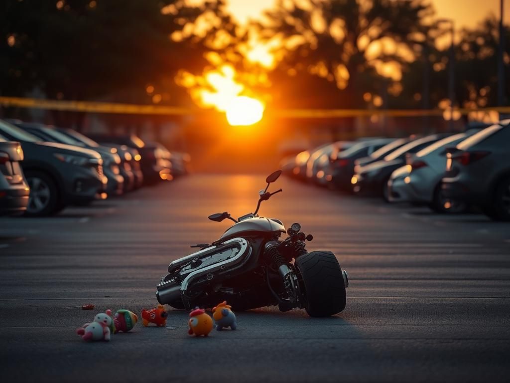 Flick International Fallen motorcycle in a Dallas parking lot scene after tragic crash