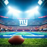 Flick International Vibrant football field with New York Giants logo under stadium lights