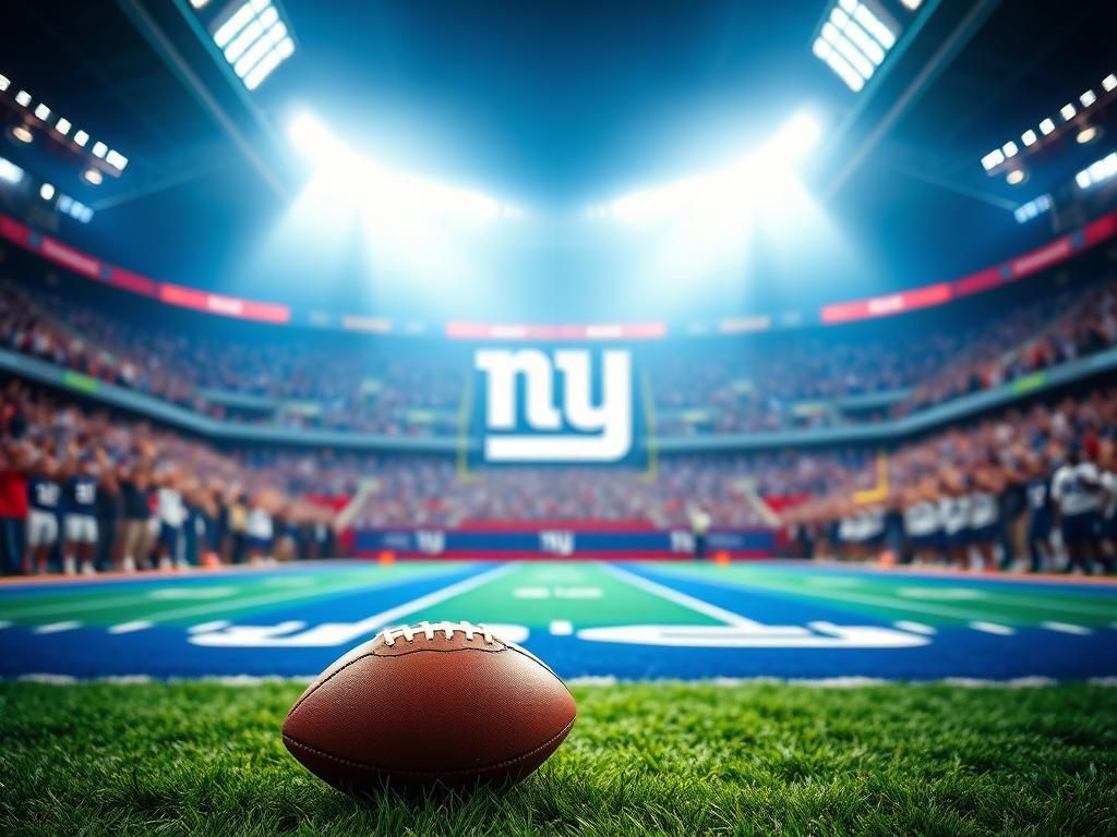 Flick International Vibrant football field with New York Giants logo under stadium lights